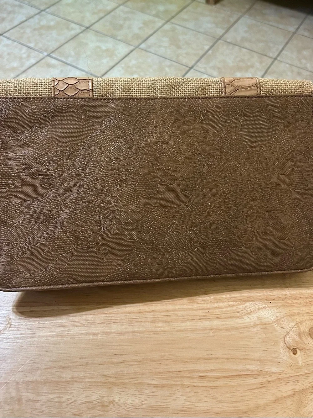 Charming Charlie Burlap & Faux Leather Large Wristlet Clutch Bag Boho